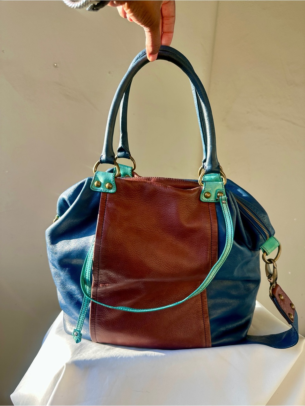 HAYDEN HARNETT Leather Colorblock Satchel Blue Brown Convertible Bag